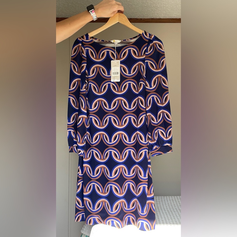 Boden NWT Abstract Navy & Bronze Wave Jersey Shift Dress